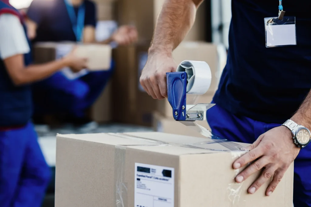 closeup-delivery-man-closing-carboard-box-with-tape-while-preparing-packages-shipment