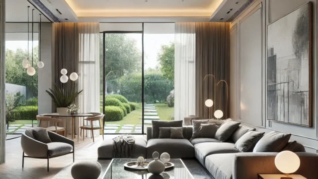 DALL·E-2024-12-20-14.42.42-A-spacious-and-stylish-living-room-with-modern-furniture.-The-room-features-a-large-L-shaped-gray-sofa-a-sleek-glass-coffee-table-with-a-minimalist-d